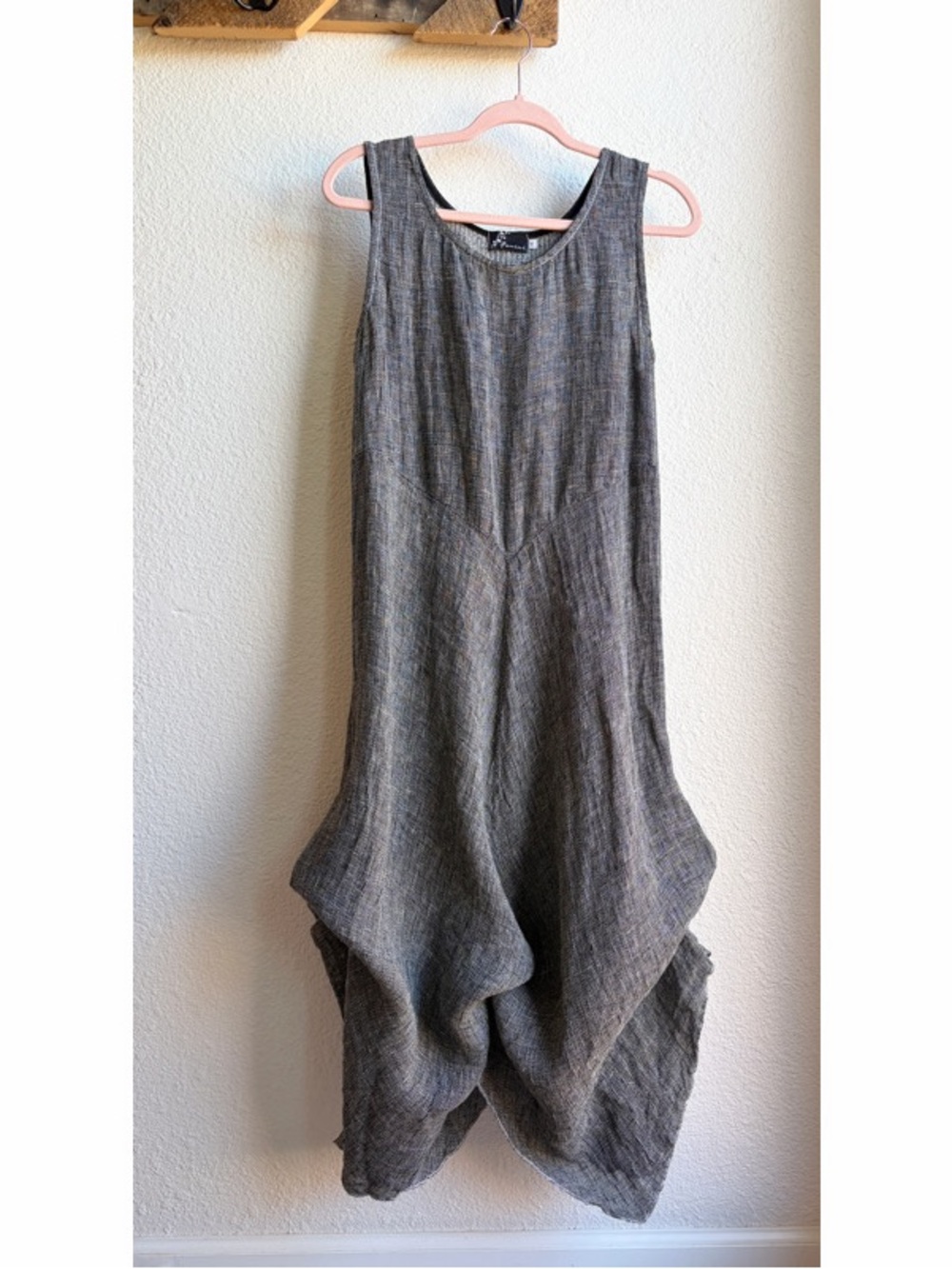 Fenini Textured Grey Linen Asymmetric Bustled Midi Dress Medium